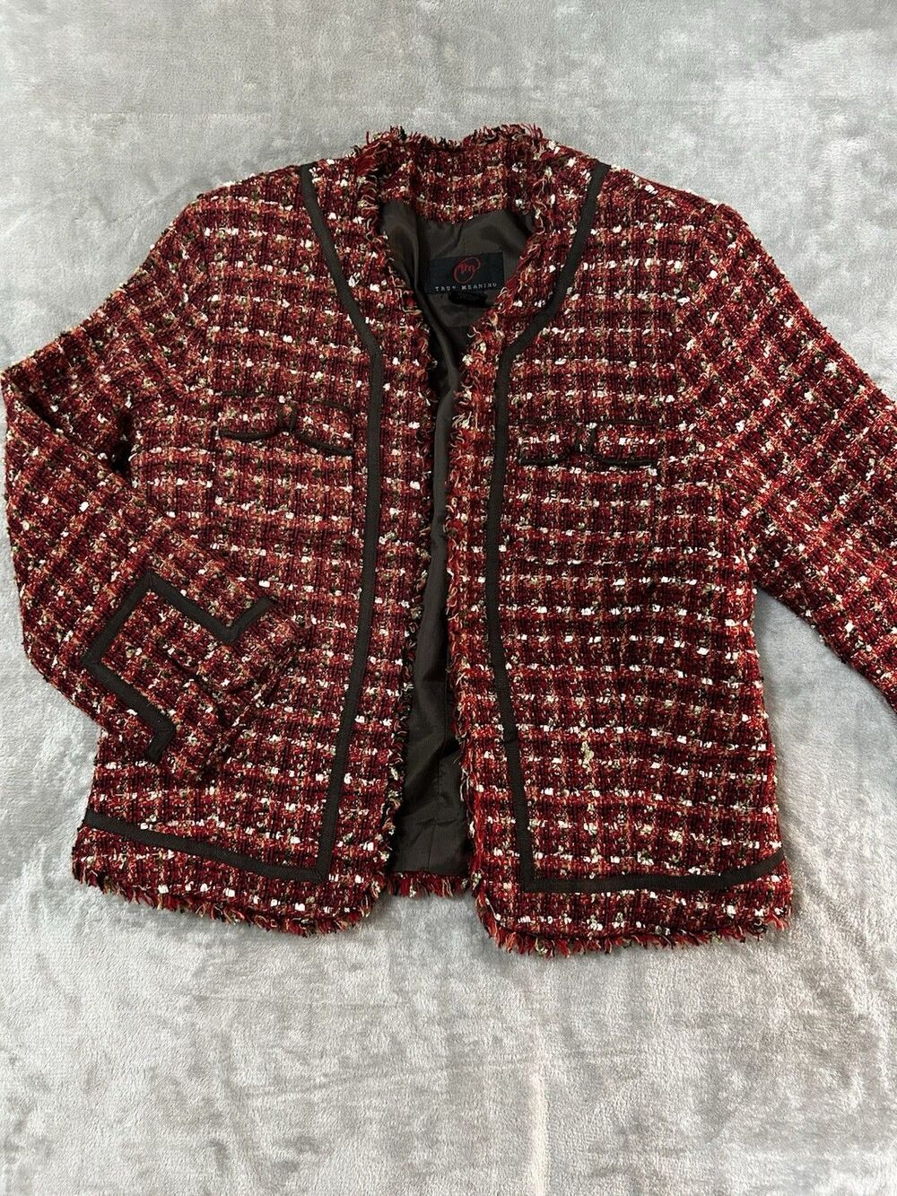 True Meaning Womens Size 6 Red Tweed Boucle Fringe Jacket Open Front Blazer